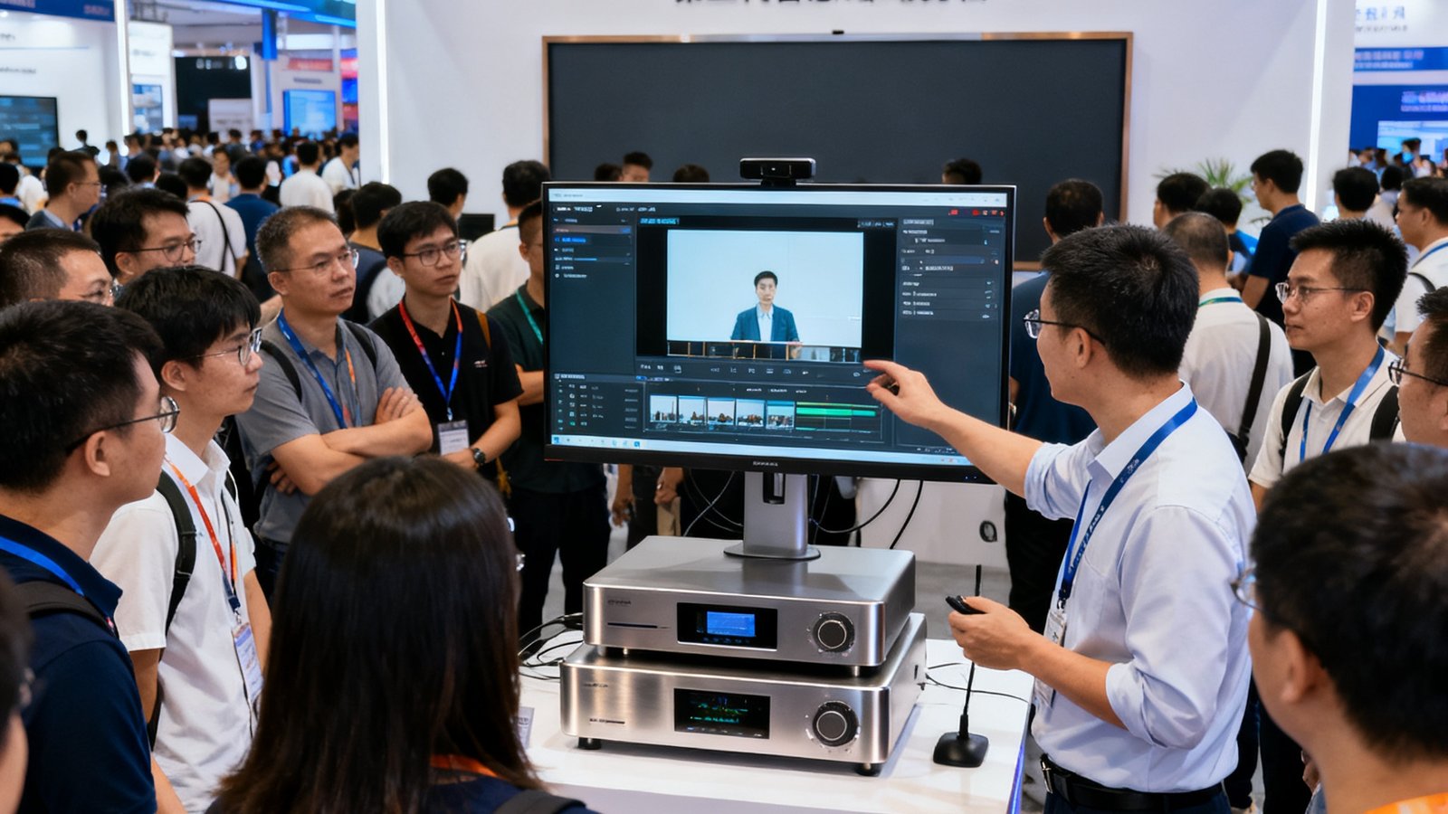 2025年深圳教育装备展现场，OG视讯展位前聚集了大量参观者，展台中央陈列着最新发布的第三代智慧录播一体机OG-Pro3，工作人员正在向观众演示AI自动剪辑功能。