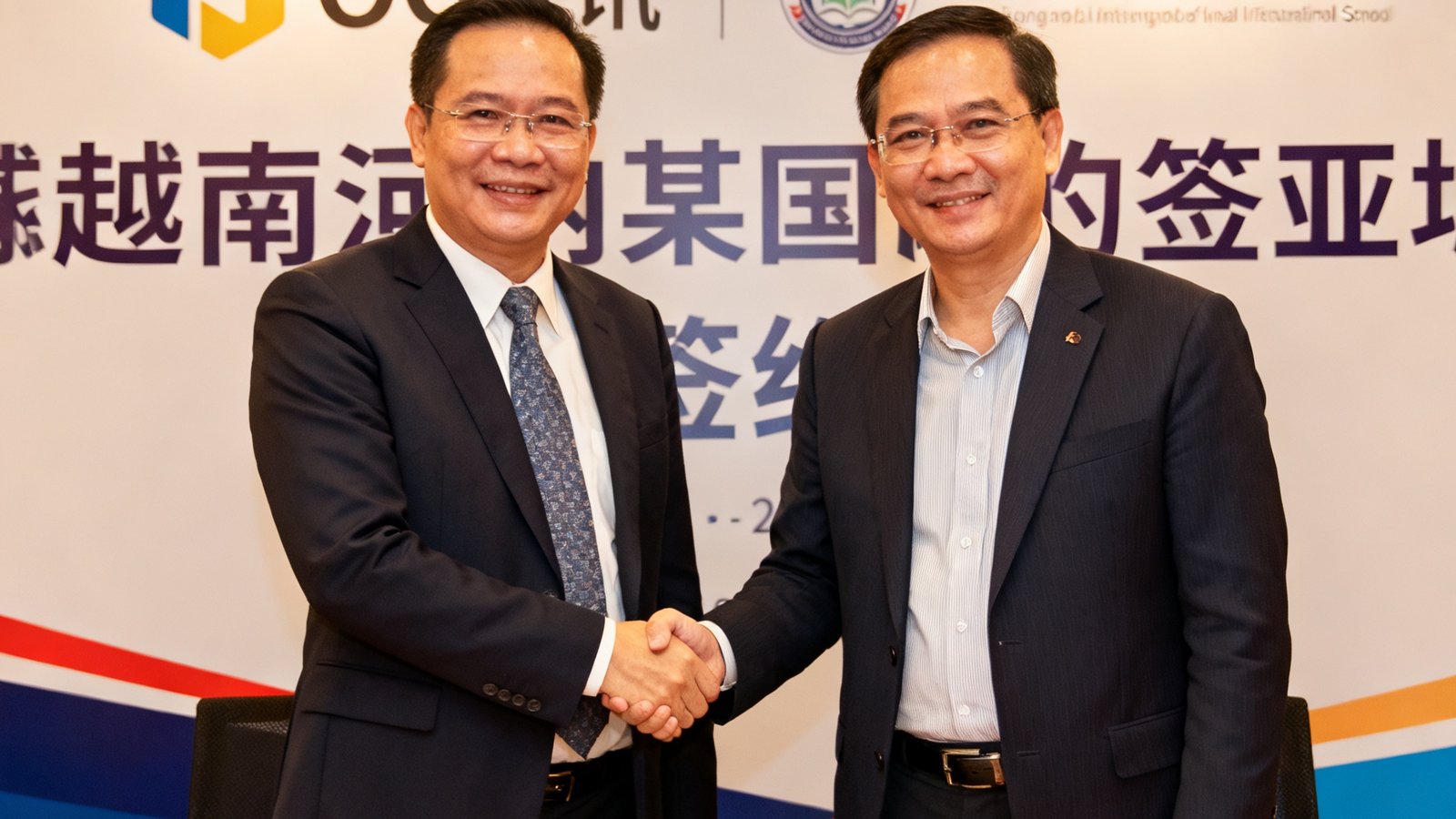 OG视讯与越南河内某国际学校签约仪式现场，双方代表在签约台前握手合影，背景板上印有OG视讯和该校的标识，标志着OG视讯正式进入东南亚市场。