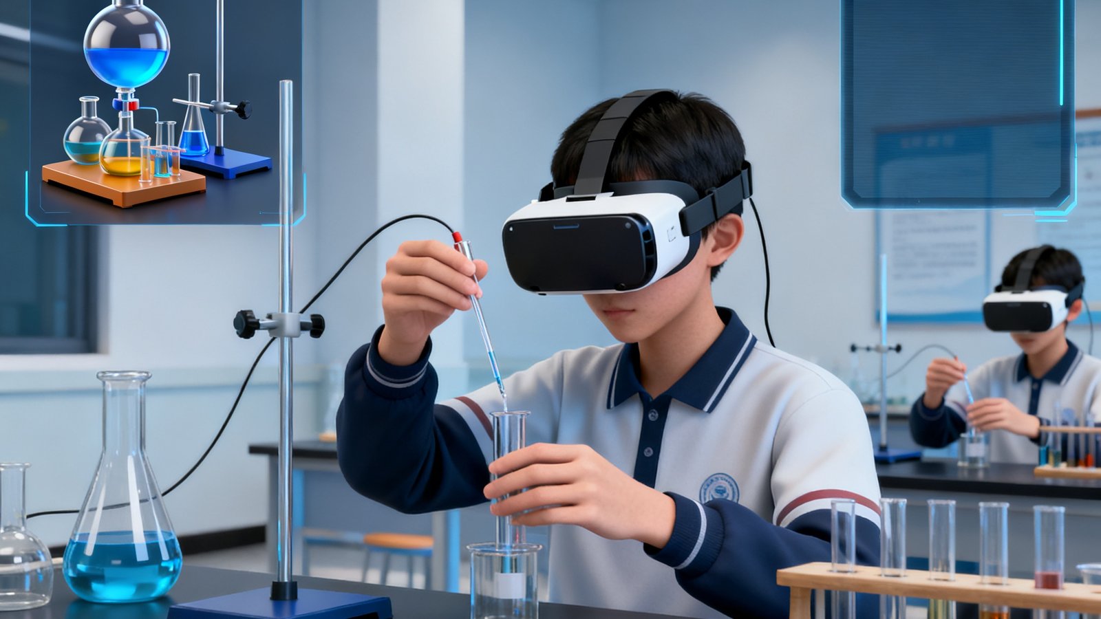 虚拟仿真实验视讯系统操作界面截图，左侧显示3D化学实验器材模型，右侧为实时操作指引面板，学生佩戴VR头显在虚拟环境中进行滴定实验，系统同步录制实验全过程并生成操作评分报告。