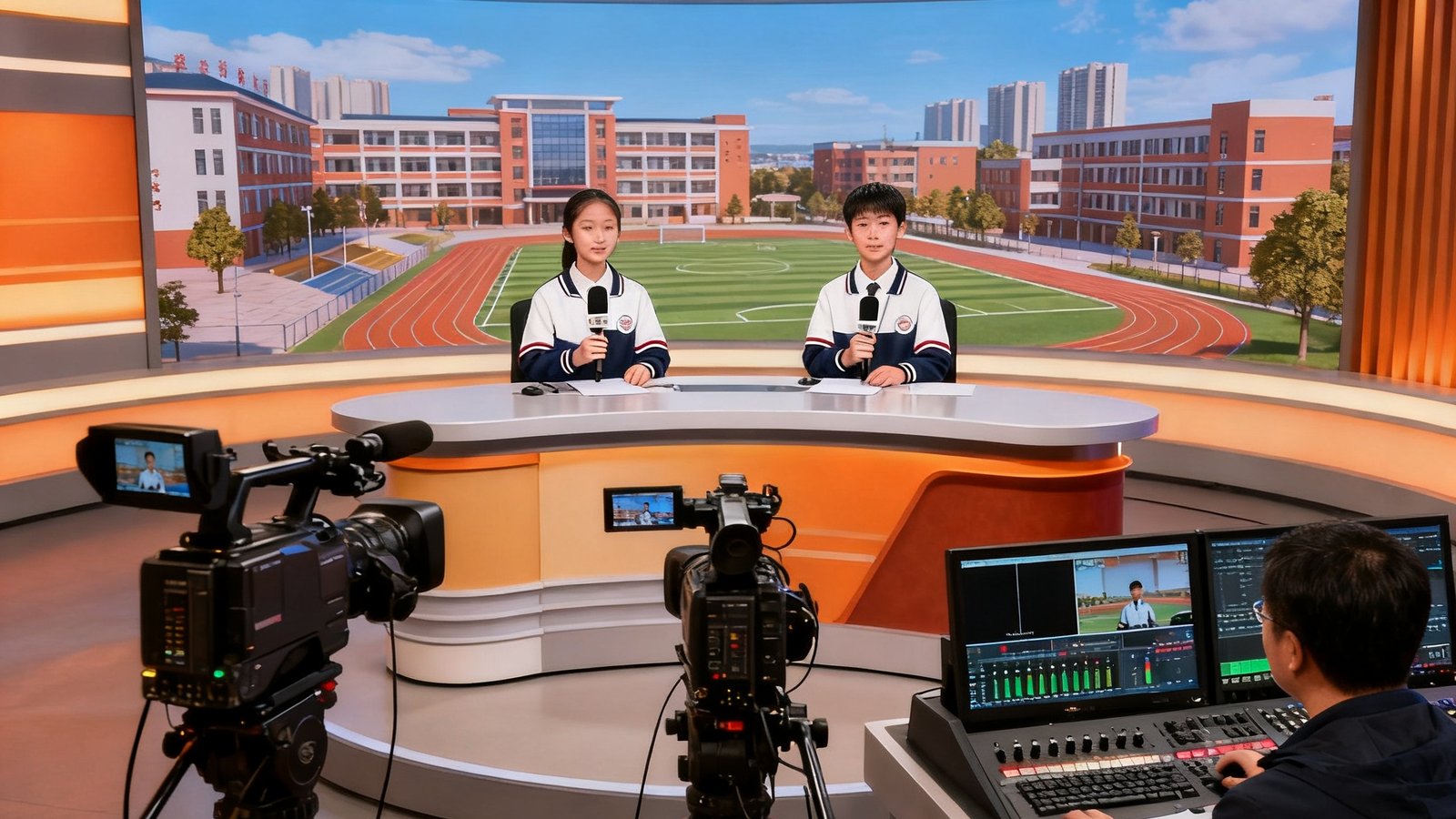 校园电视台演播室内景，两名中学生坐在主播台后进行新闻播报，背景为实时合成的虚拟校园背景，前方有三台摄像机从不同角度拍摄，导播台旁的技术老师正在监控画面切换和音频电平。